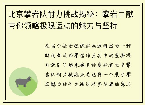 北京攀岩队耐力挑战揭秘：攀岩巨献带你领略极限运动的魅力与坚持